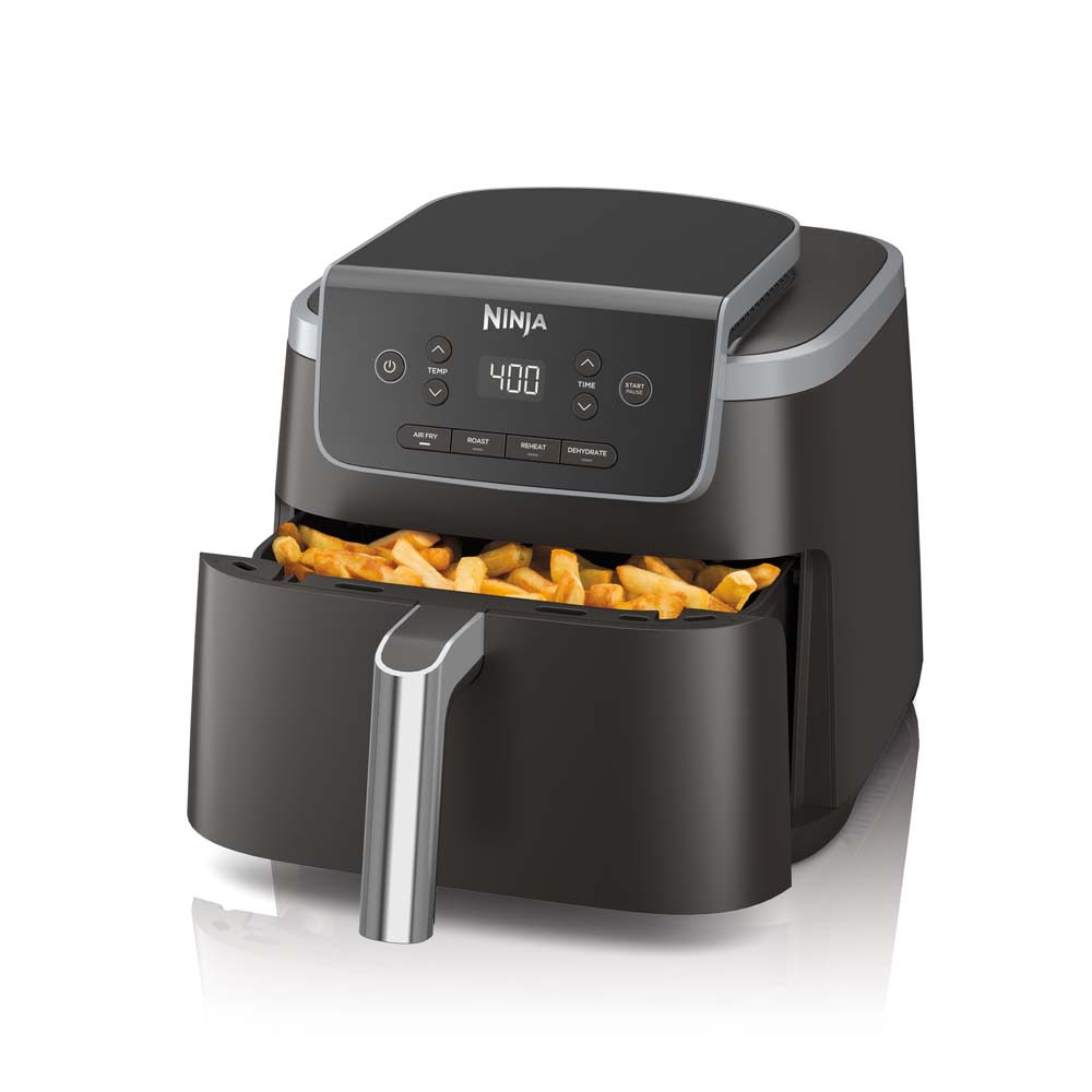 Ninja 5-QT Air Fryer Pro AF141 in black, showing the front control panel and open basket with fries.