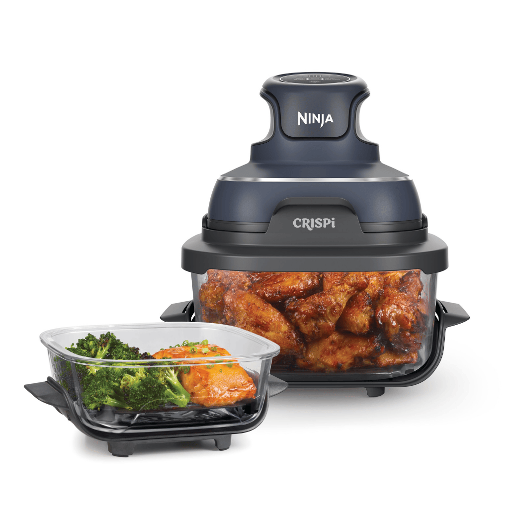 Ninja CRISPi 4-in-1 Portable Glass Air Fryer in Cyber Space grey finish with glass cooking container.