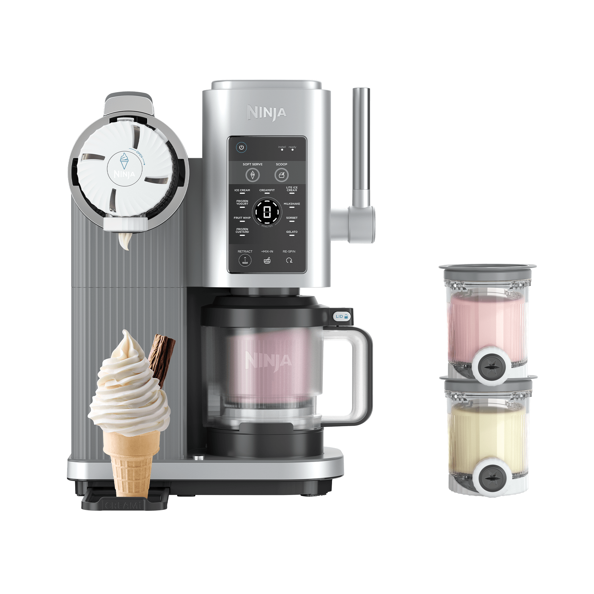 Ninja CREAMi Scoop & Swirl 13-in-1 Soft Serve & Ice Cream Maker NC701UK in Platinum Silver.