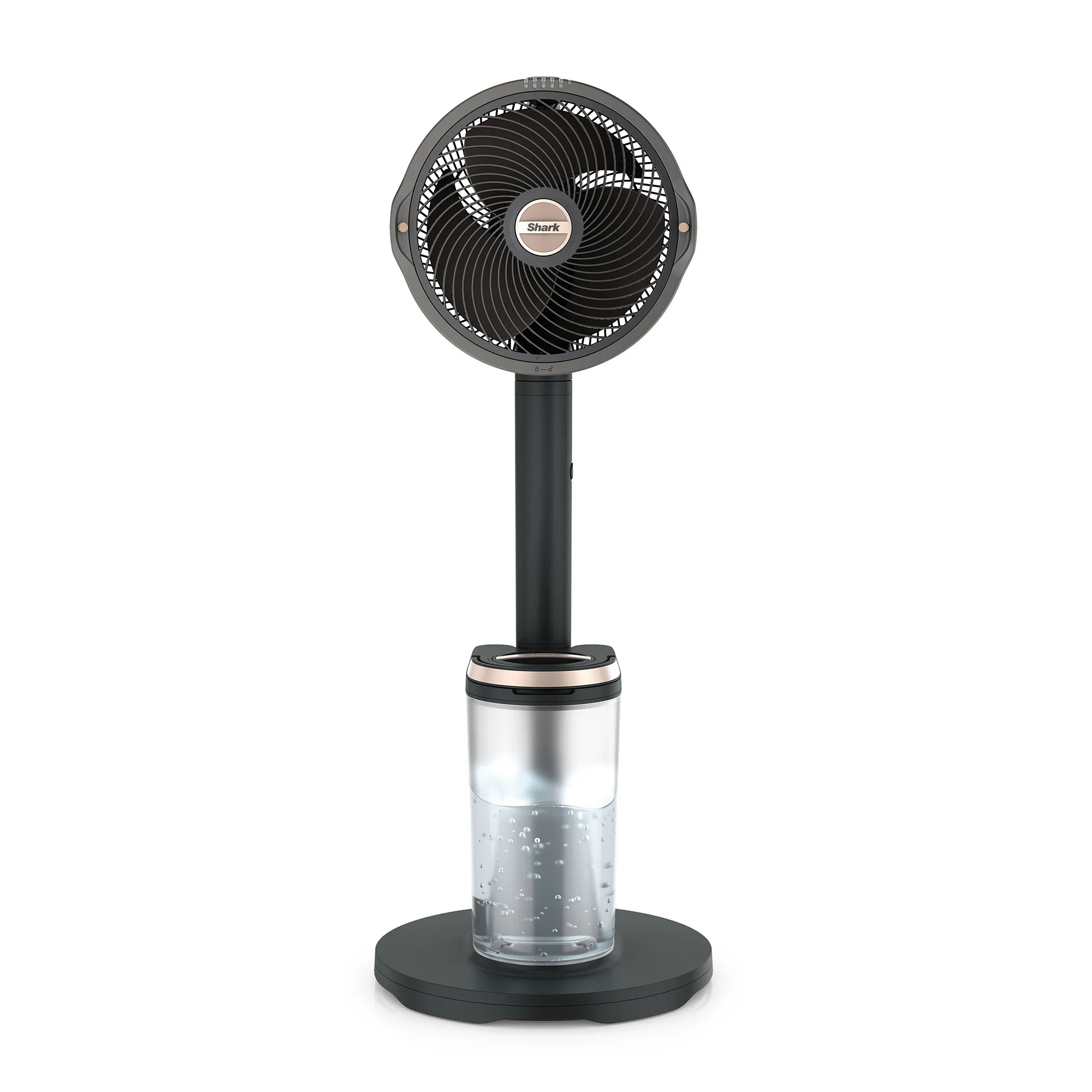 A modern desk fan with a circular black head, a slim black stand, and a clear water reservoir base, shown on a solid white background.