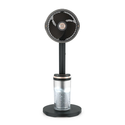 A modern desk fan with a circular black head, a slim black stand, and a clear water reservoir base, shown on a solid white background.